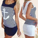 Women's Fashion Sexy Anchor Stripe Sleeveless O-neck Skirts Bodycon Mini Dress