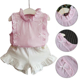 Fashion Ruffles Bowknot Children Girls Summer Sleeveless Top Shorts Clothes Set