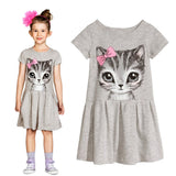 Kids Girls Fashion Summer Short Sleeve Cute Cat Bowknot Dress O-Neck Dress