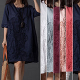 Summer Lady Floral Embroidered O-Neck Beach Cotton Linen Half Sleeve Loose Dress