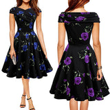 Elegant Women Flower Rose Boat Neck High Waist Big Swing Evening Party Dress