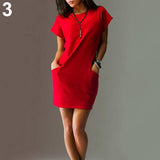 Women Fashion Summer Casual Loose Round Neck Short Sleeve Dress with Pockets