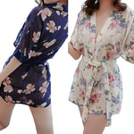 Women Sexy V-Neck Floral Printing Short Sleeve Lace Up Tied Night Robe Sleepwear