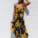 Fashion Flower Stripe Single Row Buttons Sleeveless Spring Summer Women Dress
