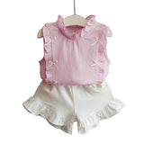 Fashion Ruffles Bowknot Children Girls Summer Sleeveless Top Shorts Clothes Set