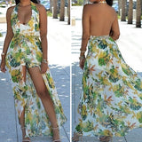Women Bohemia Flower Print Halter V-Neck Backless Long Maxi Dress + Shorts - ENSEIGNE DENIS