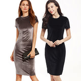 Women's Elegant Round Neck Short Sleeve Party Sheath Bodycon Pencil Velvet Dress - ENSEIGNE DENIS
