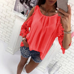 Women Hollow Sleeve Shirt Summer Solid Color Blouse Casual Back Strap Top