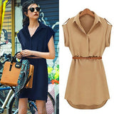 Women's Casual V-neck Cap Sleeve Solid Color Chiffon Shirt Dress with Brown Belt