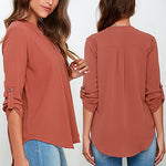 Women's Stylish Sexy V Neck Rollable Sleeve Loose Solid Chiffon Blouse Shirt - ENSEIGNE DENIS