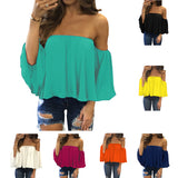 Lady Sexy Off Shoulder Long Sleeve Solid Color Loose Chiffon Top T-shirt Blouse