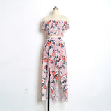 Summer Women Floral Print Long Slit Skirt Off Shoulder Crop Top Beach Dress Set - ENSEIGNE DENIS
