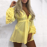 Women Sexy Beach Cover-up Long Puff Sleeve Covers up Bathing Suit Summer Beach Wear Pareo Swimwear Mesh Beach Dress