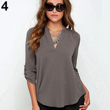 Women's Stylish Sexy V Neck Rollable Sleeve Loose Solid Chiffon Blouse Shirt - ENSEIGNE DENIS