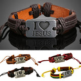 Unisex "I LOVE JESUS" Faux Leather Bangle Hemp Rope Chain Adjustable Bracelet - ENSEIGNE DENIS