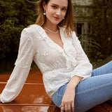 Sexy white pattern ruched women blouse V-neck long sleeves ruffle