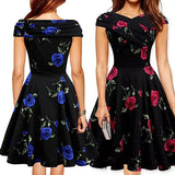 Elegant Women Flower Rose Boat Neck High Waist Big Swing Evening Party Dress