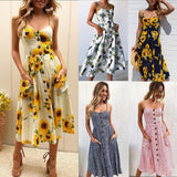 Fashion Flower Stripe Single Row Buttons Sleeveless Spring Summer Women Dress