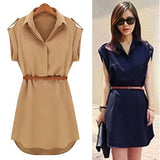 Women's Casual V-neck Cap Sleeve Solid Color Chiffon Shirt Dress with Brown Belt