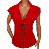 Sexy Women Lapel V-Neck Bandage Lace Up Ruffled Short Sleeve Top T-Shirt Blouse - ENSEIGNE DENIS