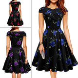 Elegant Women Flower Rose Boat Neck High Waist Big Swing Evening Party Dress