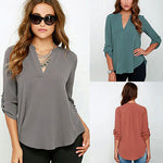 Women's Stylish Sexy V Neck Rollable Sleeve Loose Solid Chiffon Blouse Shirt - ENSEIGNE DENIS