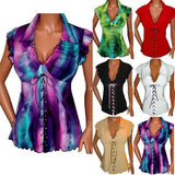 Sexy Women Lapel V-Neck Bandage Lace Up Ruffled Short Sleeve Top T-Shirt Blouse - ENSEIGNE DENIS