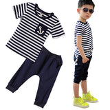 Kids Boy's Summer Clothing Navy Stripe Short Sleeve T-shirt Pants Tracksuit