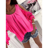 Women Hollow Sleeve Shirt Summer Solid Color Blouse Casual Back Strap Top - ENSEIGNE DENIS