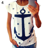 Women's Summer Style Blouse Letter Anchor Print Slim Top Cotton Casual T-shirt - ENSEIGNE DENIS