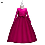 Fashion Girls Formal Lace Bowknot Long Sleeve Party Wedding Princess Maxi Dress