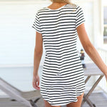 Women Summer Beach Dress Party Short Sleeve Stripe Blouse Top Mini Sundress