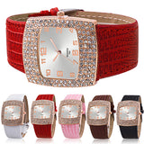 Women's Luxury Square Case Shiny Rhinestones Faux Leather Analog Wrist Watch - ENSEIGNE DENIS