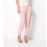 Women Fashion Casual Chffion Pants Solid Color Elastic Waist Full Length Trousers