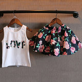 2Pcs Kids Girls Summer Floral Letters Printed Top Skirt Mini Dress Set Outfit