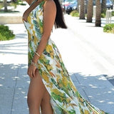 Women Bohemia Flower Print Halter V-Neck Backless Long Maxi Dress + Shorts