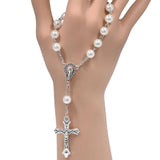Women Catholic Rosary Faux Pearl Beads Jesus Cross Pendant Bracelet Jewelry