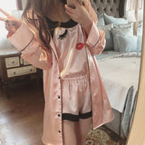 4 Pieces Women Summer Pajamas Top Shorts Robe Eye Mask Sleepwear Clothing Set