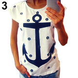 Women Fashion Casual Cotton Anchor Print Short Sleeve T-Shirt Summer Blouse Top - ENSEIGNE DENIS