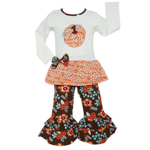 AnnLoren Girls Orange Pumpkin Autumn Floral Thanksgiving Tunic &