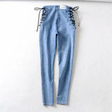 Vintage Skinny Zipper High Waist Cross Lacing up Jeans Women Slim Fit