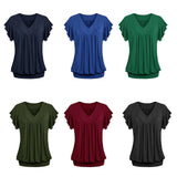 Women Plus Size Loose V Neck Short Sleeve Solid Color Top Pleated Fashion Blouse