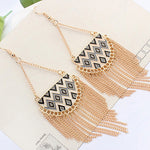 Women's Semicircle Tassels Rhombic Pattern Golden Tone Hook Earrings Jewelry