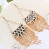 Women's Semicircle Tassels Rhombic Pattern Golden Tone Hook Earrings Jewelry