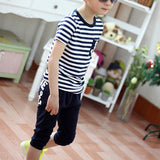 Kids Boy's Summer Clothing Navy Stripe Short Sleeve T-shirt Pants Tracksuit