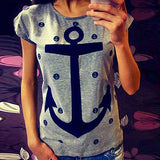 Women Fashion Casual Cotton Anchor Print Short Sleeve T-Shirt Summer Blouse Top - ENSEIGNE DENIS