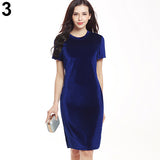Women's Elegant Round Neck Short Sleeve Party Sheath Bodycon Pencil Velvet Dress - ENSEIGNE DENIS