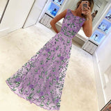 Women's Sleeveless Floral Embroidery Evening Party Long Prom Dress Ball Gown