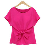 Women Ladies Fashion Short Sleeve Bow Solid Color Casual Tops Blouse T-Shirt