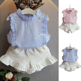Fashion Ruffles Bowknot Children Girls Summer Sleeveless Top Shorts Clothes Set